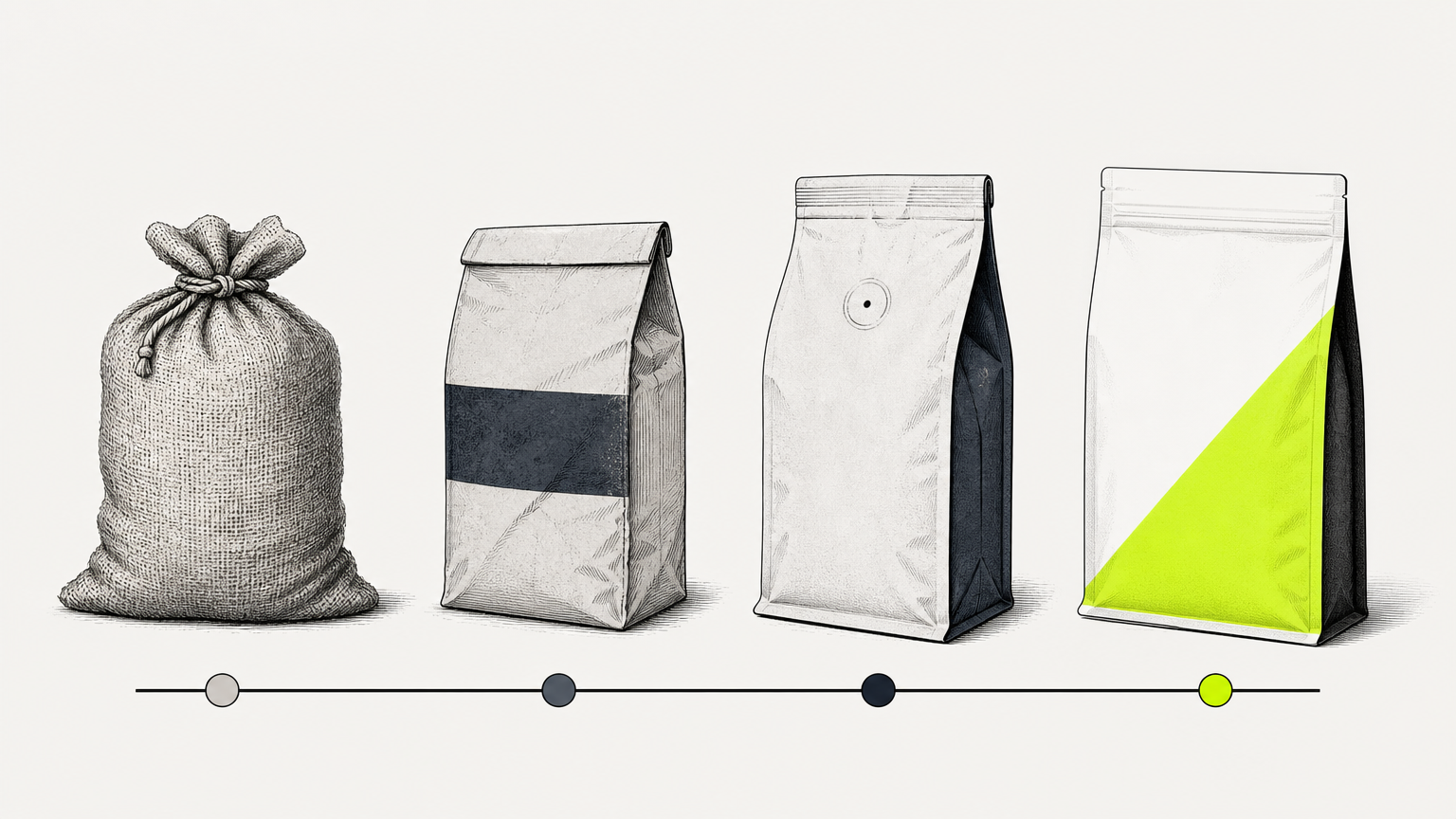A chronological display of coffee bag designs from different historical periods, showing the visual and typographic evolution of coffee branding from industrial to contemporary craft styles.