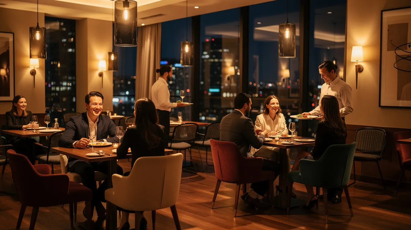 The image depicts a stylish hotel restaurant interior adorned with warm lighting, where guests are enjoying their dinner in a cozy atmosphere. This inviting setting showcases the hospitality industry's focus on enhancing the guest experience, making it an ideal representation for a hospitality marketing agency.