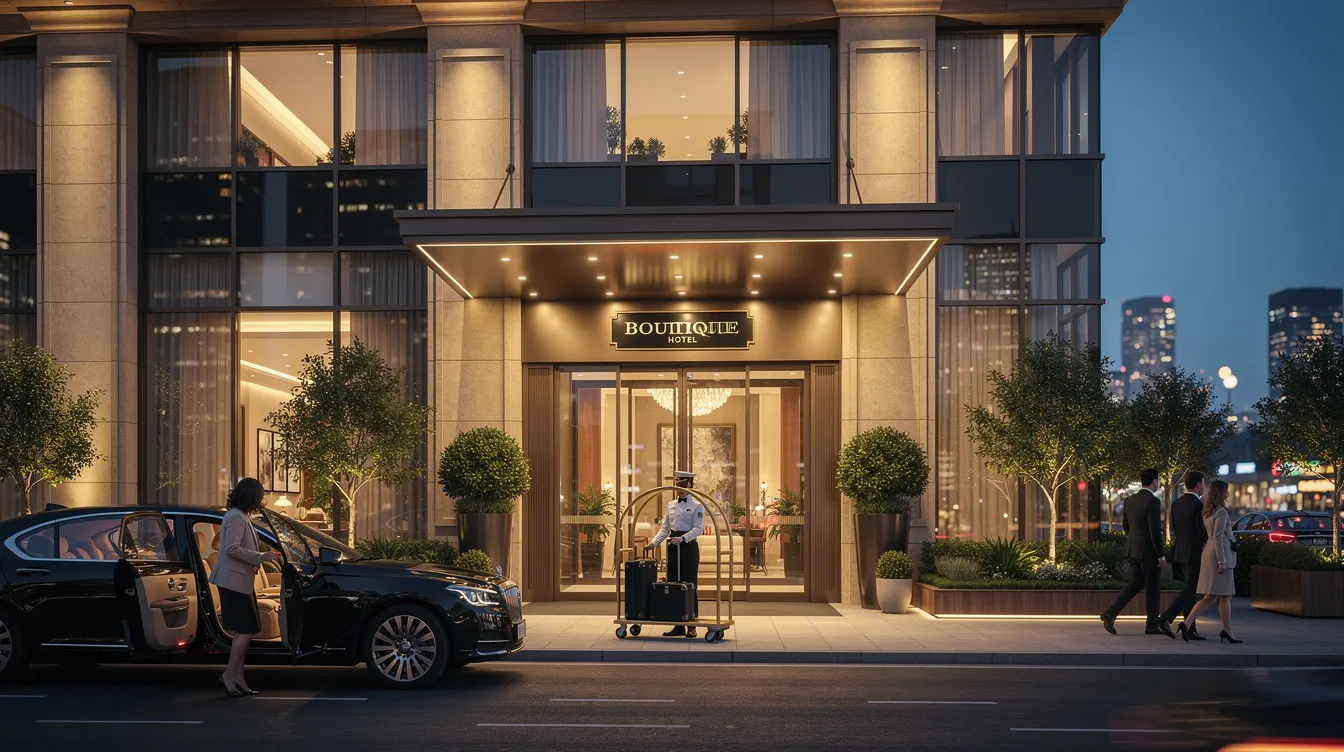 The image depicts the exterior of a luxury boutique hotel illuminated by warm lighting at dusk, with guests arriving at the entrance, creating a welcoming atmosphere that enhances the guest experience. This scene reflects the charm of independent hotels and the strategic marketing efforts of hospitality brands to boost direct bookings.