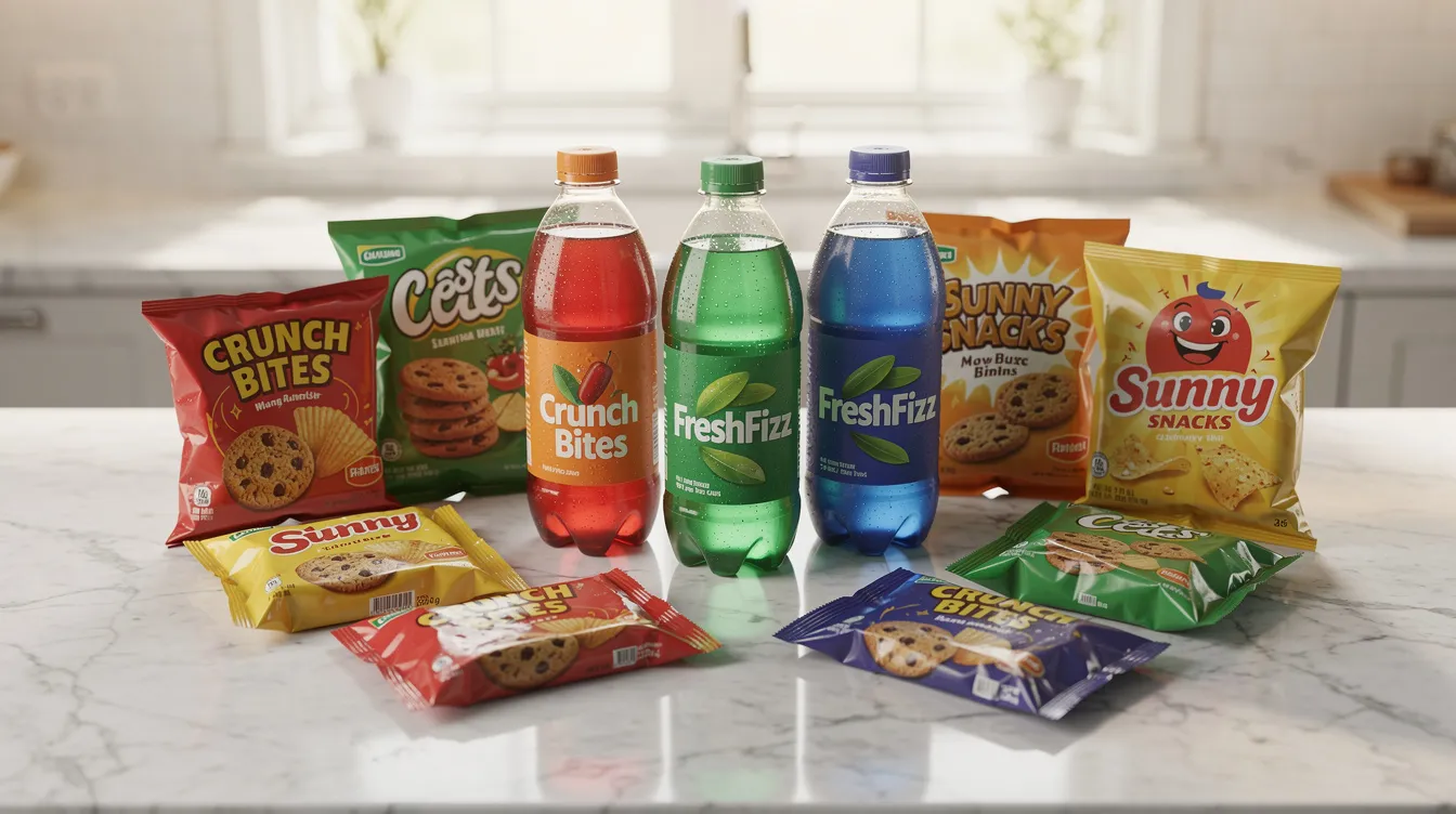 The image features an array of colorful beverage bottles and snack packages artfully arranged on a sleek marble countertop, illuminated by natural light. This vibrant display could be used by a social media marketing agency to highlight engaging content for consumer brands, showcasing the importance of visual appeal in digital marketing strategies.
