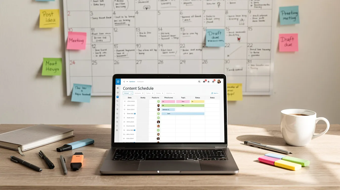 The image depicts a well-organized planning workspace featuring a wall calendar filled with notes, colorful sticky notes scattered around, and a laptop displaying a content schedule. This setup reflects the strategic approach of a social media marketing agency focused on content creation and community engagement.