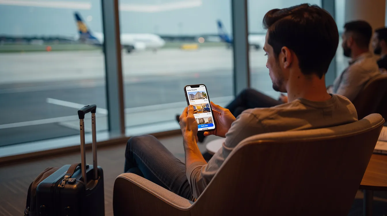 A traveler is seated comfortably in an airport lounge, intently browsing hotel options on their smartphone, exploring various hospitality brands and boutique hotels for upcoming stays. The scene captures the essence of digital marketing in the hospitality industry, highlighting the importance of direct bookings and online visibility for hotel marketing agencies.