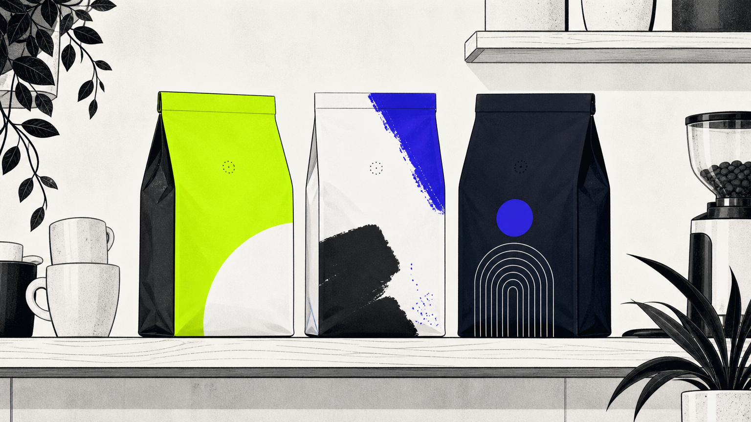 Three coffee bags displayed on a shelf, each with distinct visual branding including unique logos, color palettes, and typography that demonstrate how cohesive brand systems create differentiation.