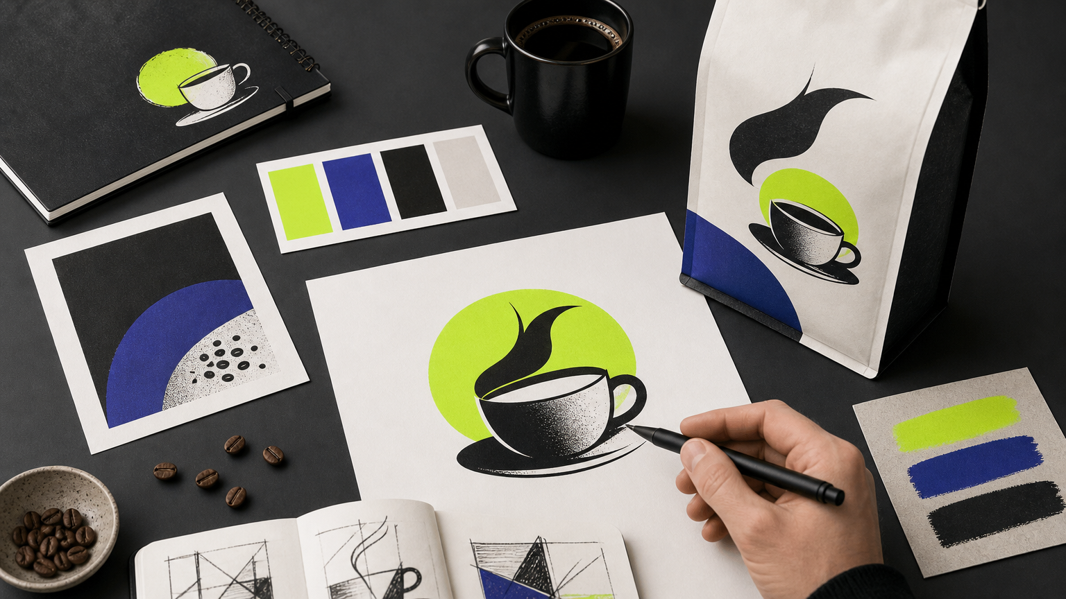 A designer's workspace displaying core brand identity elements including a logo, color swatches, typography samples, and a coffee bag mockup, showing how individual components work together as a cohes