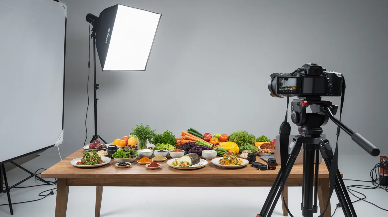 The image showcases a professional food photography setup featuring studio lights and a camera mounted on a tripod, with vibrant ingredients artfully arranged on a table, ideal for content creation aimed at enhancing social media presence for food brands. This setup highlights the importance of engaging visuals in digital marketing strategies for effective community engagement and brand visibility.