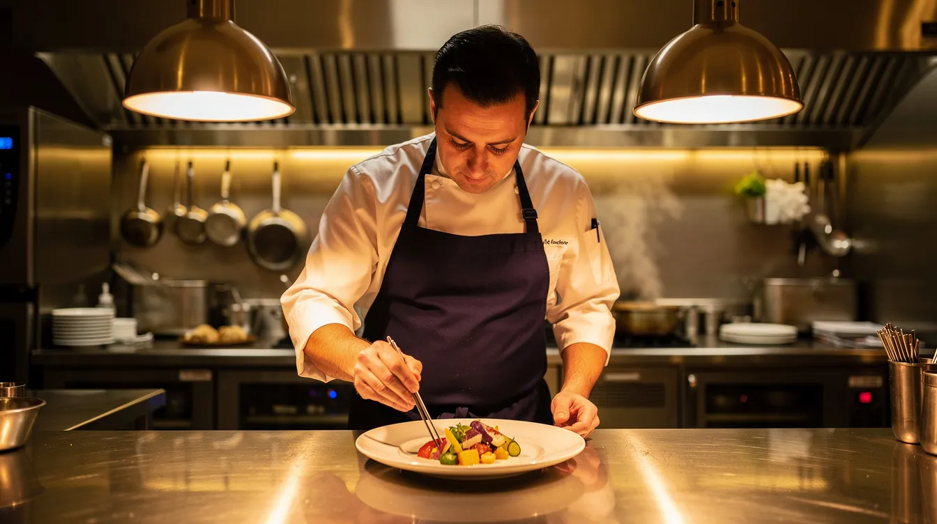 A chef is carefully plating a gourmet dish in a modern hotel restaurant kitchen, illuminated by warm ambient lighting, showcasing the artistry involved in hospitality marketing. This scene highlights the importance of culinary presentation in enhancing the guest experience within the hospitality industry.