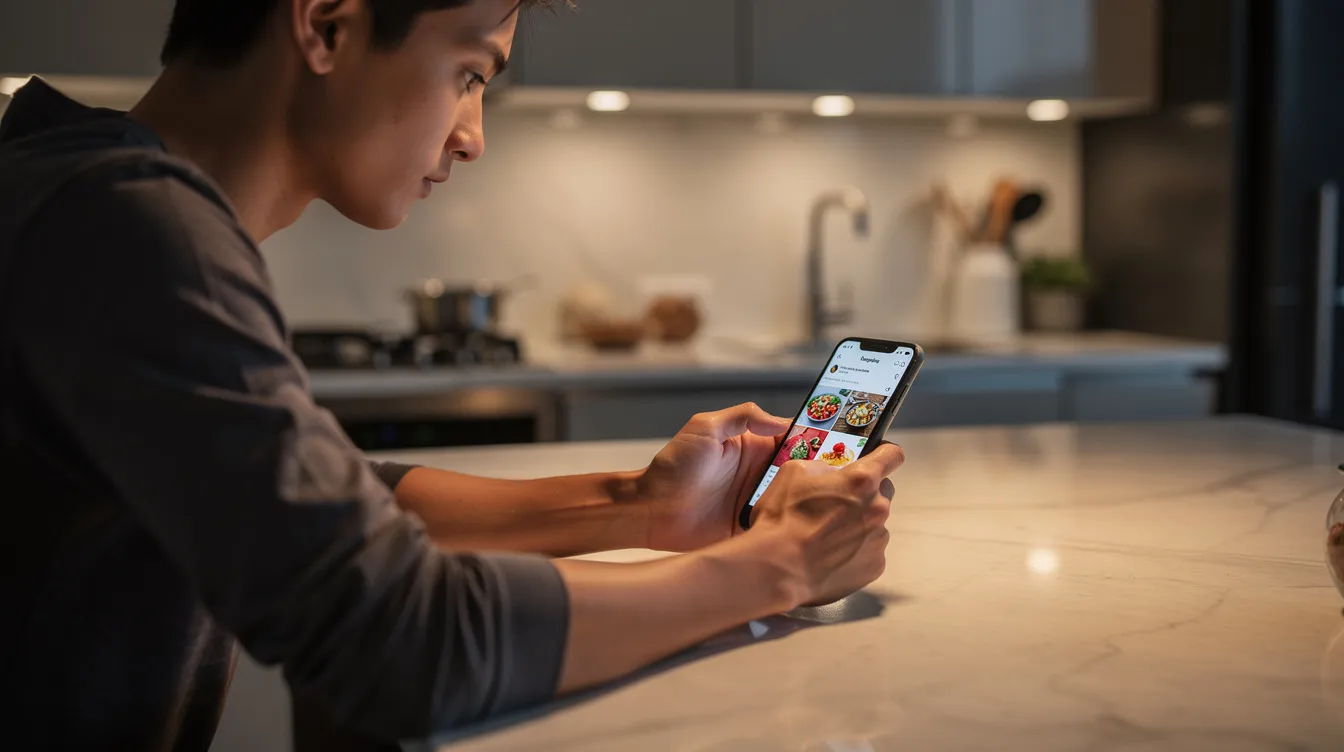 A person is sitting at a kitchen counter, scrolling through food content on their smartphone, showcasing the growing influence of social media in everyday life. This scene highlights the importance of engaging content and digital marketing strategies in connecting with audiences on various social media platforms.