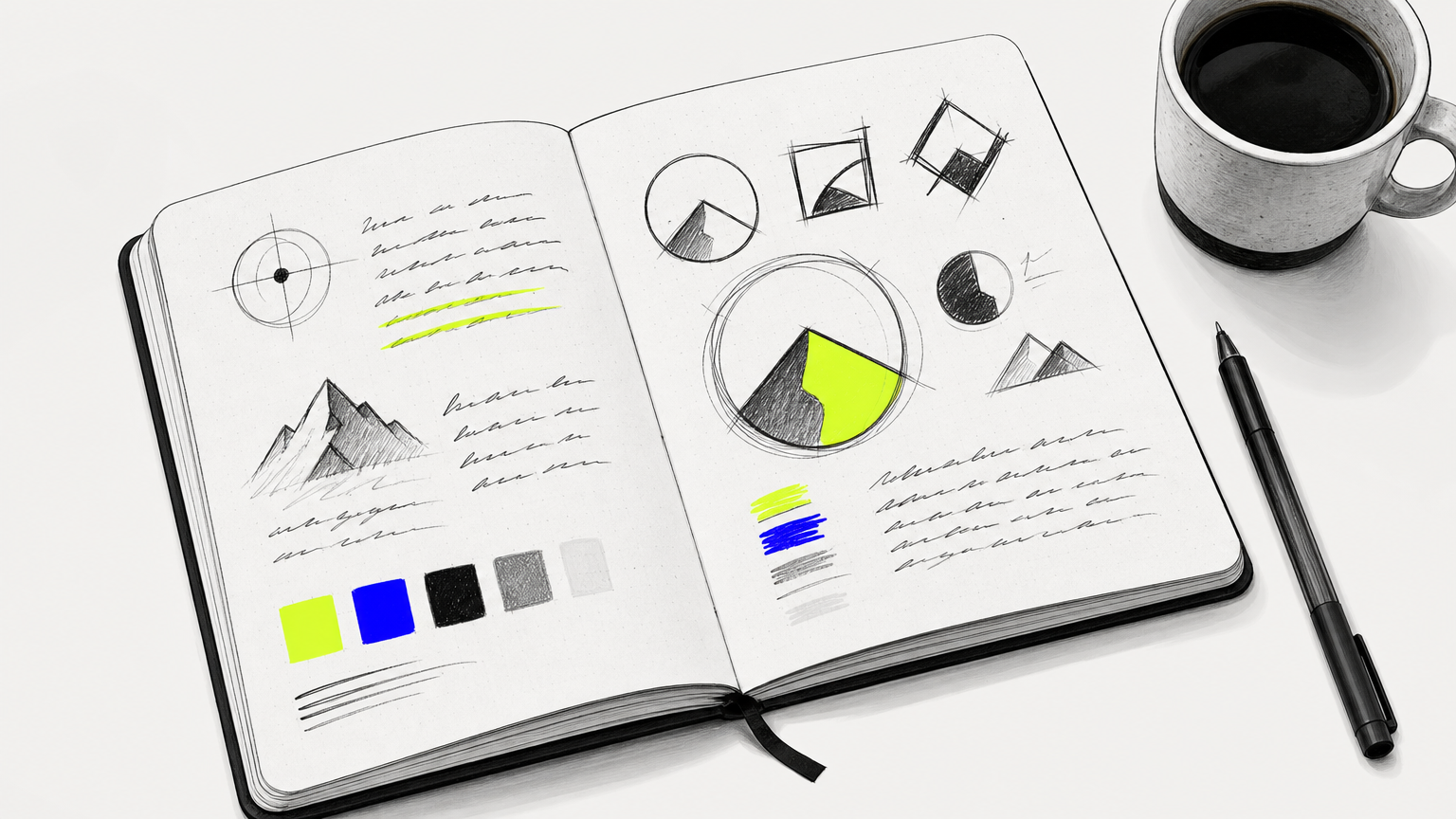 A founder's open notebook showing early-stage brand strategy work including positioning notes, logo sketches, and color explorations, representing the foundational planning phase of building a coffee