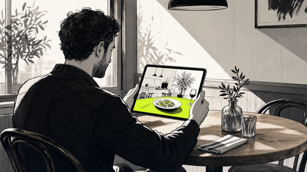 Restaurant owner looking at website design