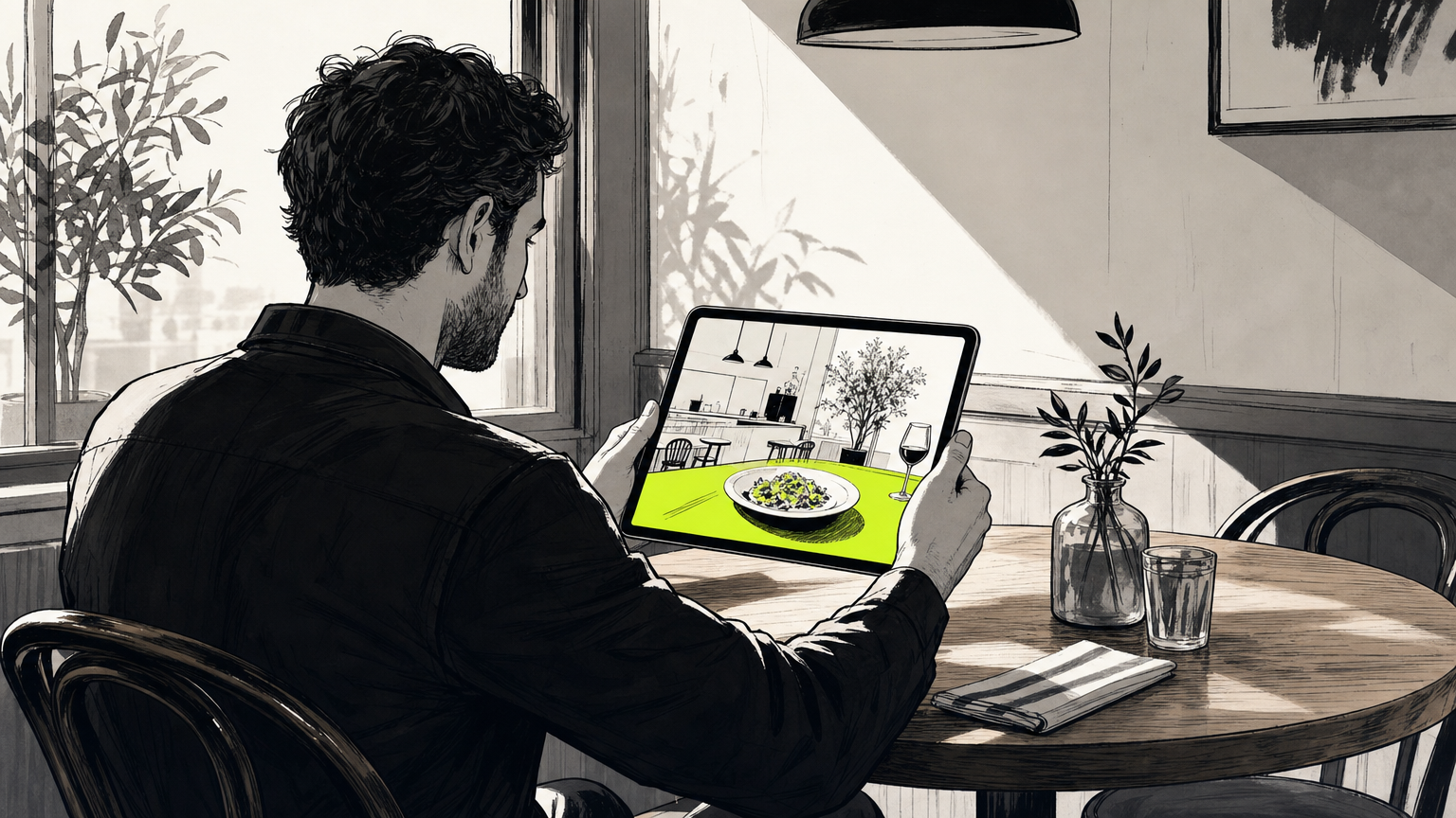 Restaurant owner looking at website design