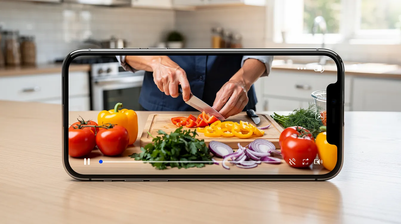 A smartphone is shown displaying a vibrant short-form video of a person cooking with colorful fresh ingredients in a sleek, modern kitchen. This scene highlights the engaging content often used in influencer marketing campaigns to connect brands with their target audience.