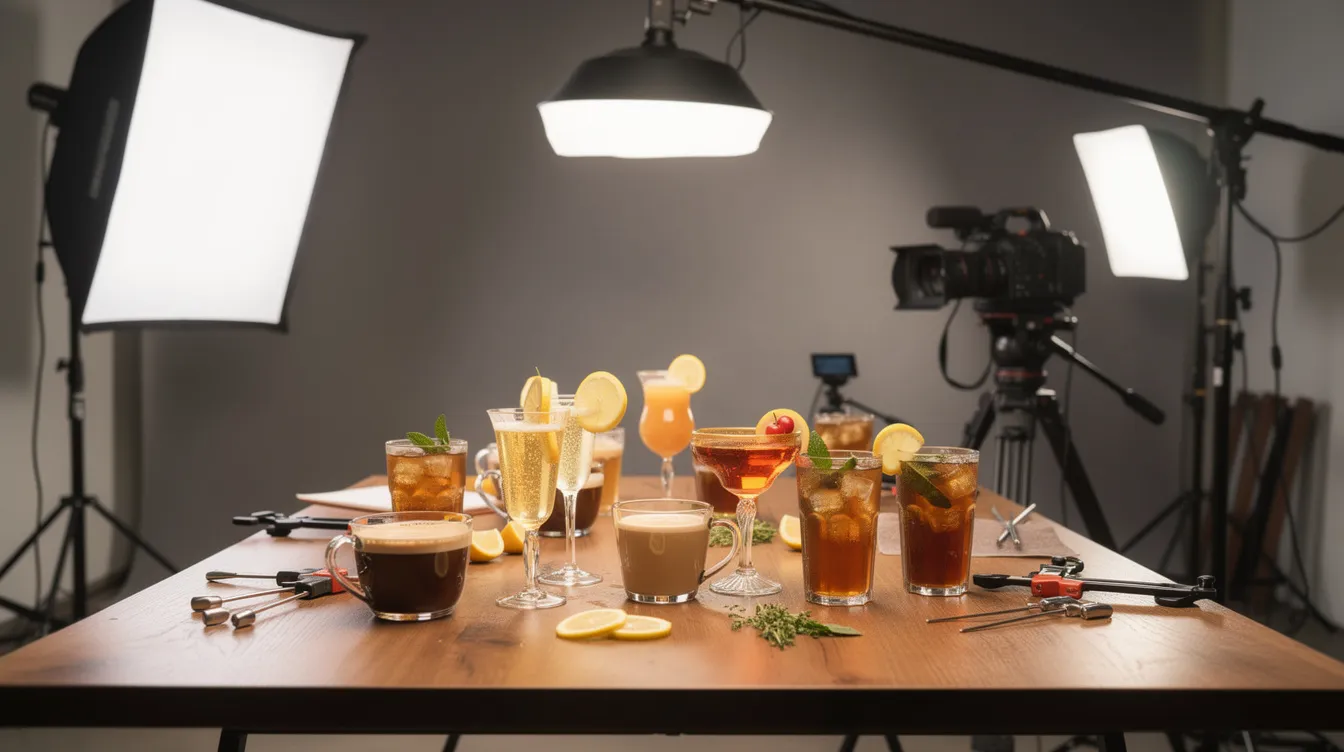 The image showcases a professional food photography setup, featuring various beverages styled on a table with strategically placed lighting equipment. This setup is ideal for a social media marketing agency aiming to create high-quality content that enhances brand visibility and engages target audiences across multiple platforms.