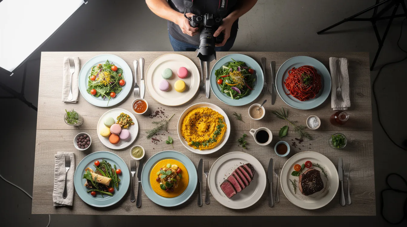 A food photographer captures vibrant overhead shots of beautifully plated dishes arranged on a stylish table, illuminated by professional lighting. This scene highlights the artistry of food photography, essential for influencer marketing campaigns aimed at enhancing brand visibility and engagement.
