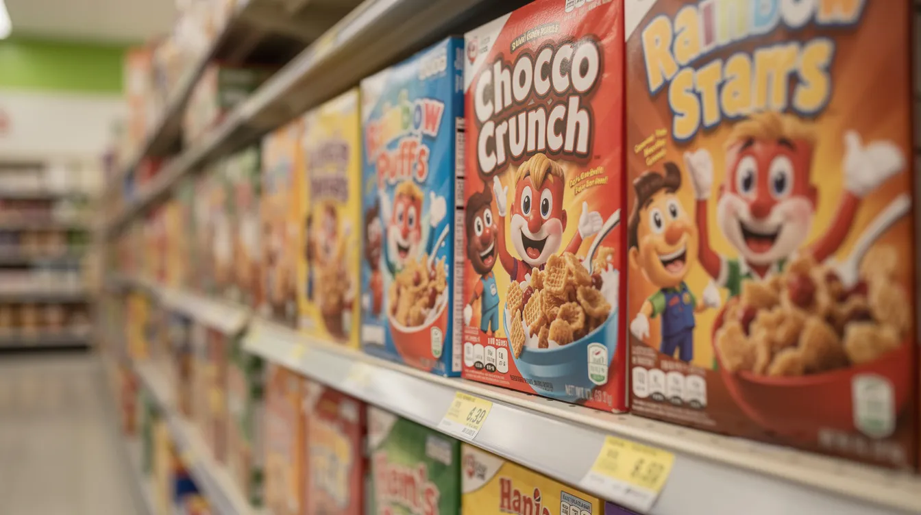 The image features a vibrant display of colorful cereal boxes arranged on a grocery store shelf, positioned at a child's eye level. This strategic placement highlights food marketing techniques aimed at attracting young consumers, showcasing various food products that appeal to children and influence their food choices.