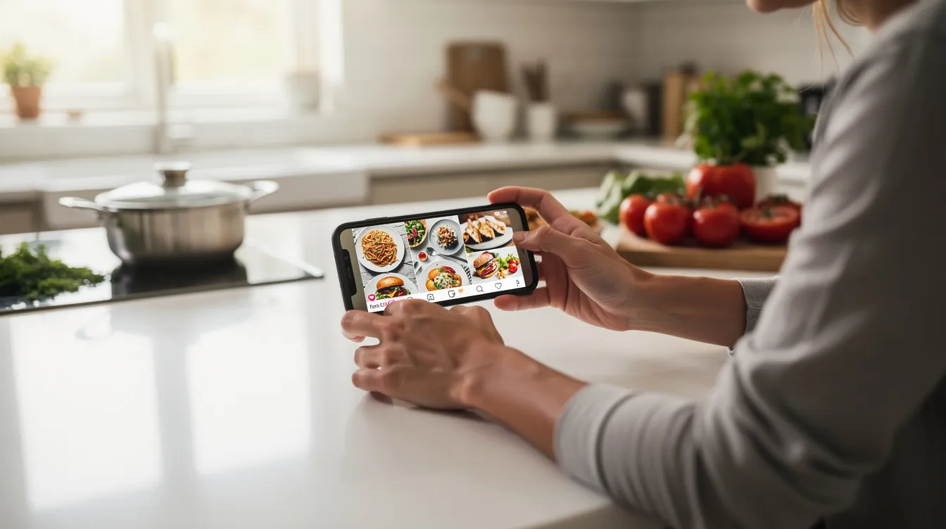 A person is sitting in a kitchen, scrolling through vibrant food content on their smartphone, showcasing various food products and marketing strategies. This scene highlights the influence of social media marketing on food choices and consumer preferences in the food industry.