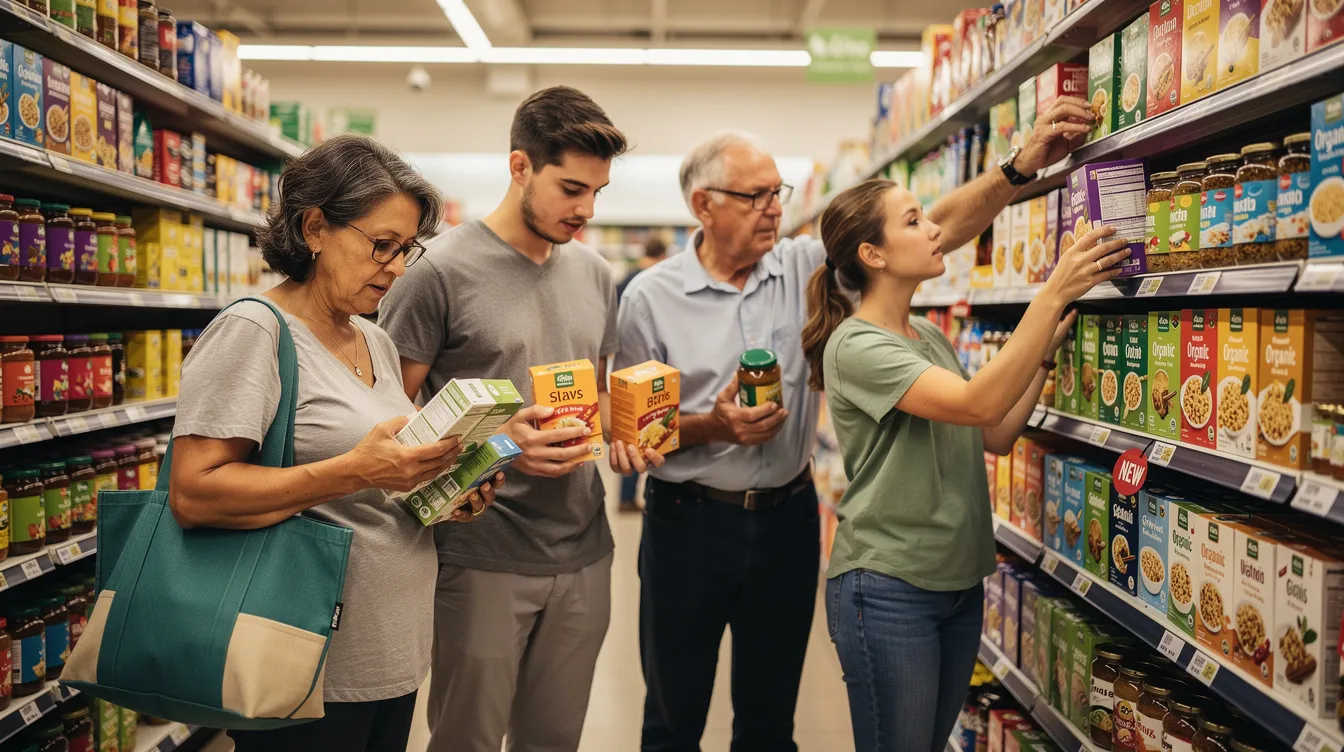 A diverse group of individuals is gathered in a grocery store aisle, thoughtfully examining vibrant food product packaging on the shelves. This scene highlights the importance of brand visibility and engagement in retail settings, reflecting the impact of effective marketing strategies and influencer partnerships.