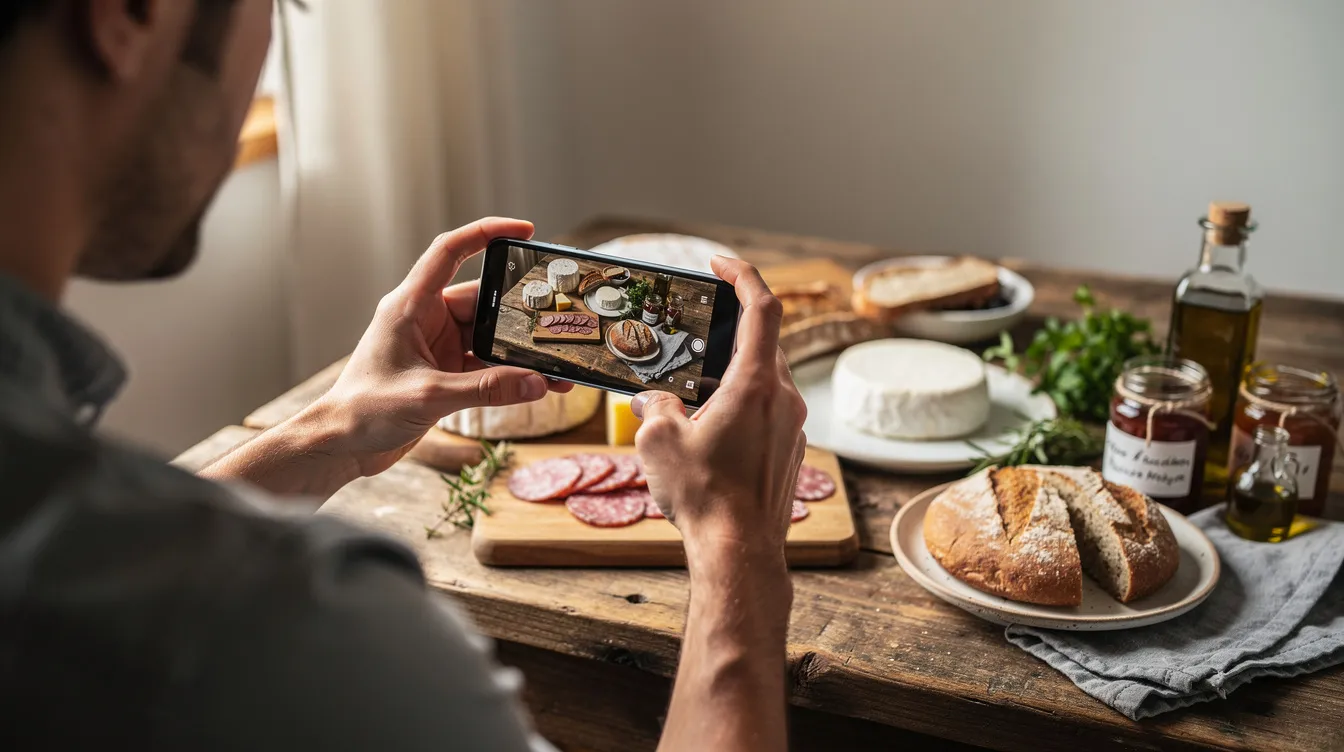 A person is holding a smartphone and capturing a photo of beautifully arranged artisanal food products on a rustic wooden table, highlighting the importance of quality content in social media marketing. This image reflects the creative aspect of digital marketing services, showcasing how visual appeal can enhance a brand's social media presence.