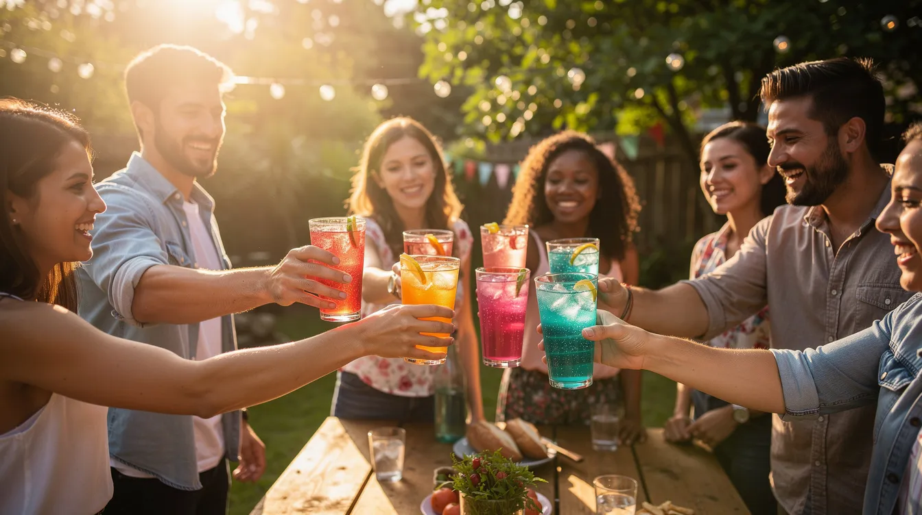 A vibrant outdoor gathering features a group of friends joyfully toasting with colorful sparkling drinks under the sun, capturing a moment of celebration and camaraderie. This scene embodies the essence of social media marketing, showcasing how shared experiences can enhance brand visibility and engagement on various social media platforms.